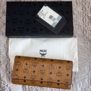 MCM Tri-Fold Wallet Cognac with Red Interior